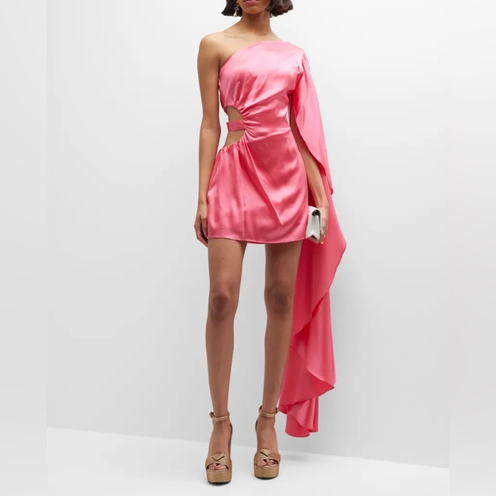 Cult Gaia NWT Malia Silk One-Shoulder Draped-Sleeve Mini Dress in Sangria, XS